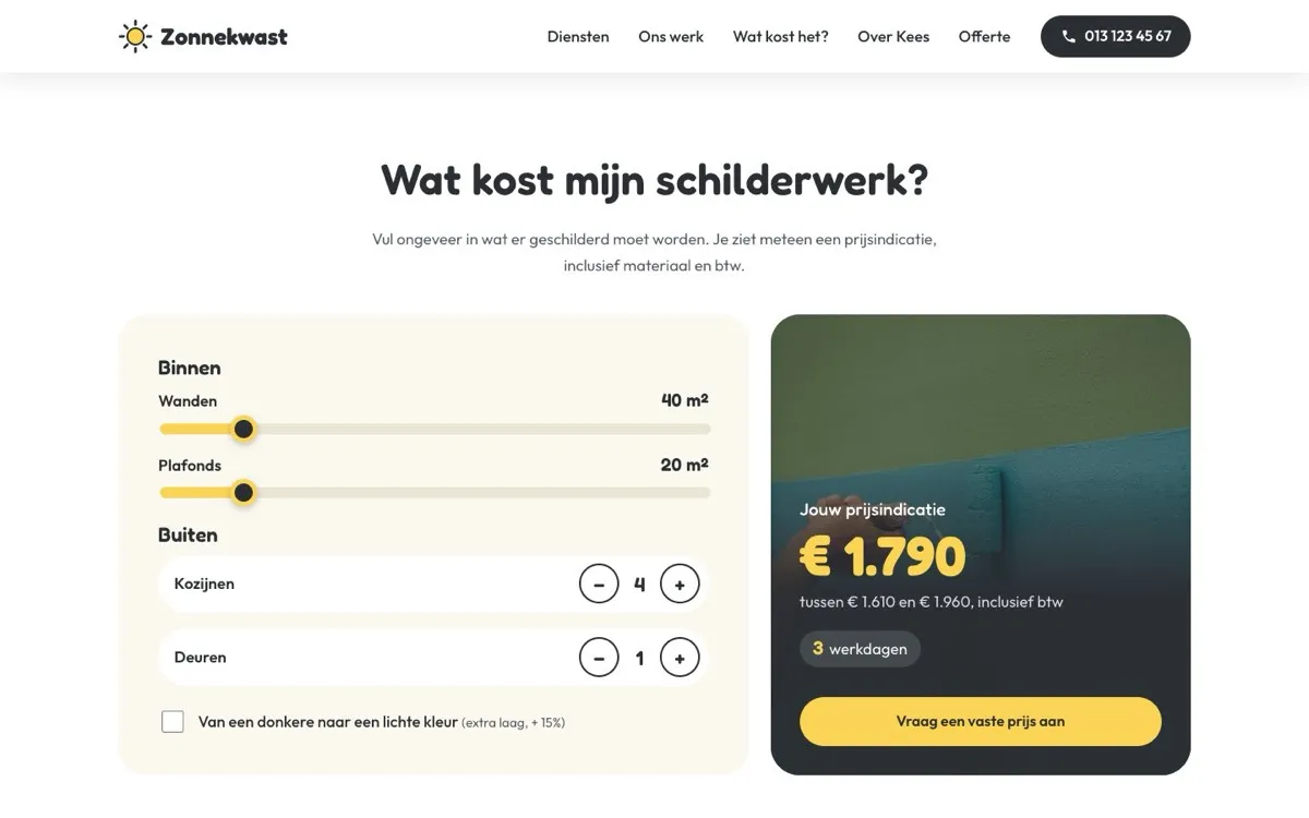 De prijsberekening op voorbeeldsite Zonnekwast