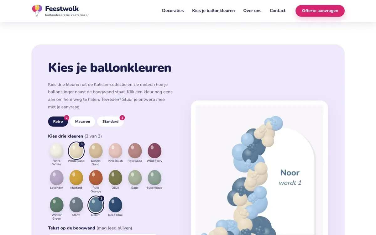 De ballonboog-ontwerper op voorbeeldsite Feestwolk