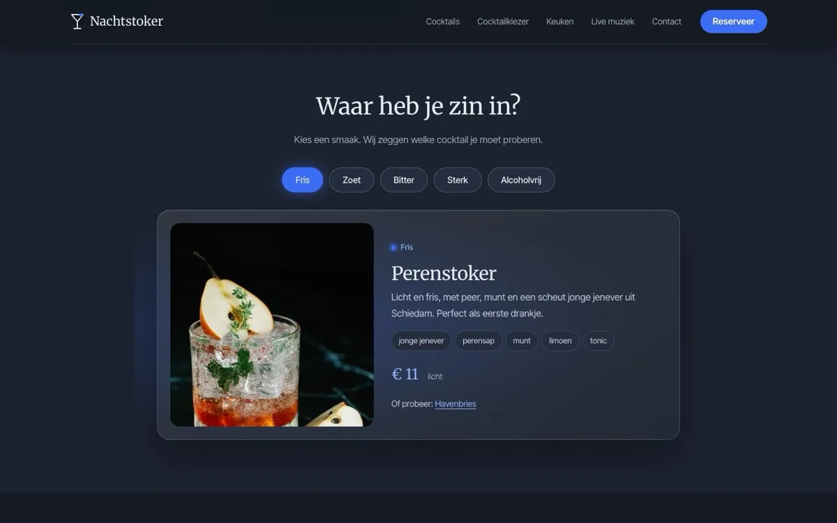 De cocktailkiezer op voorbeeldsite Nachtstoker