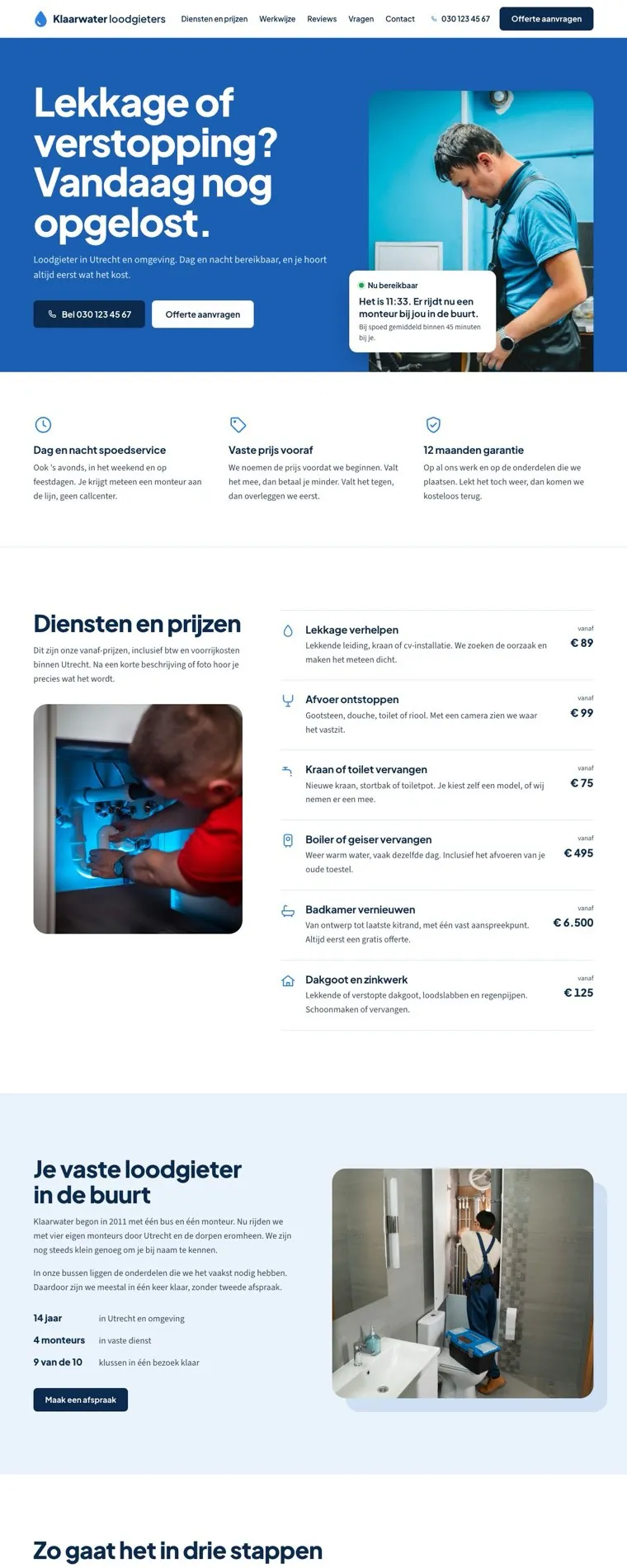 De homepage van voorbeeldsite Klaarwater Loodgieters