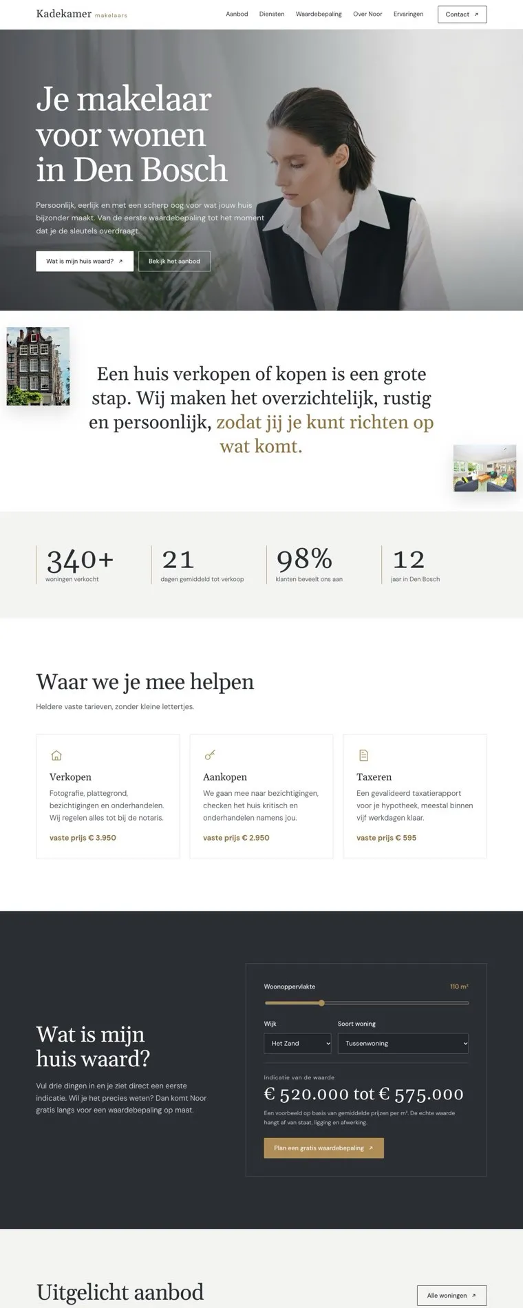 De homepage van voorbeeldsite Kadekamer makelaars