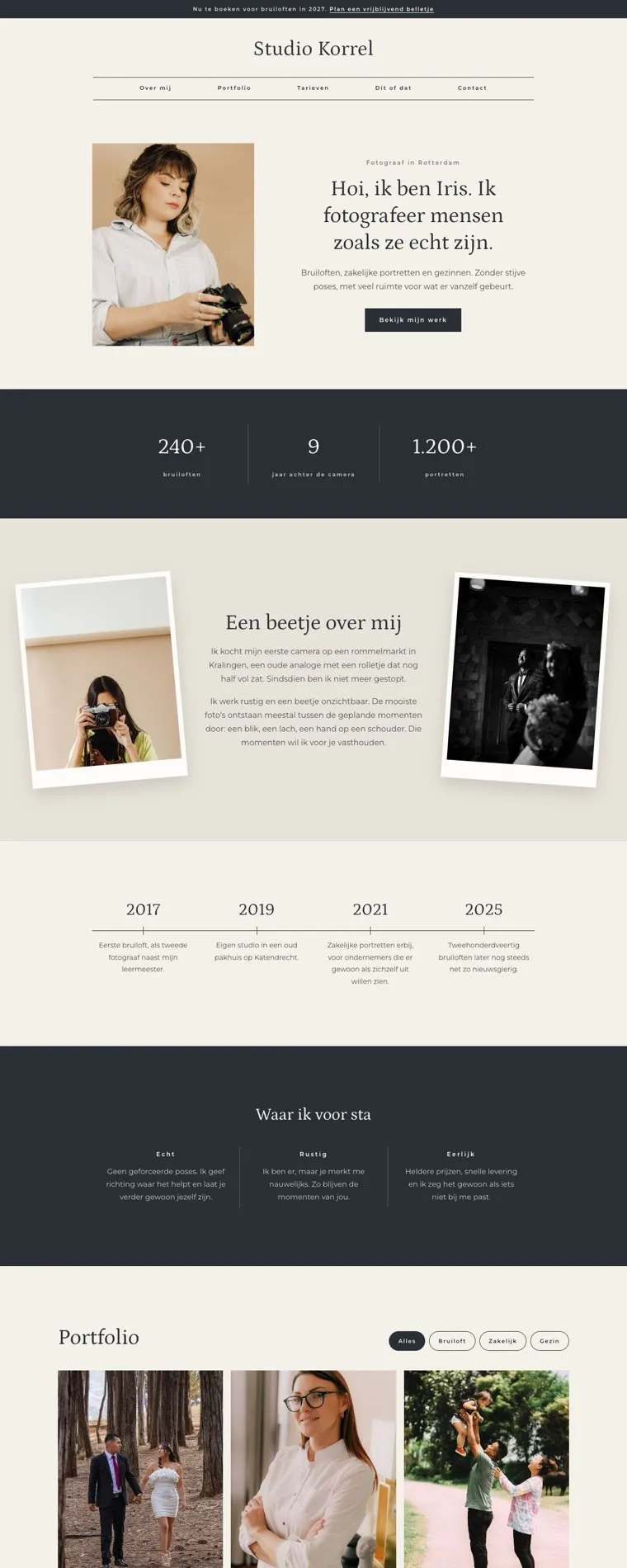De homepage van voorbeeldsite Studio Korrel